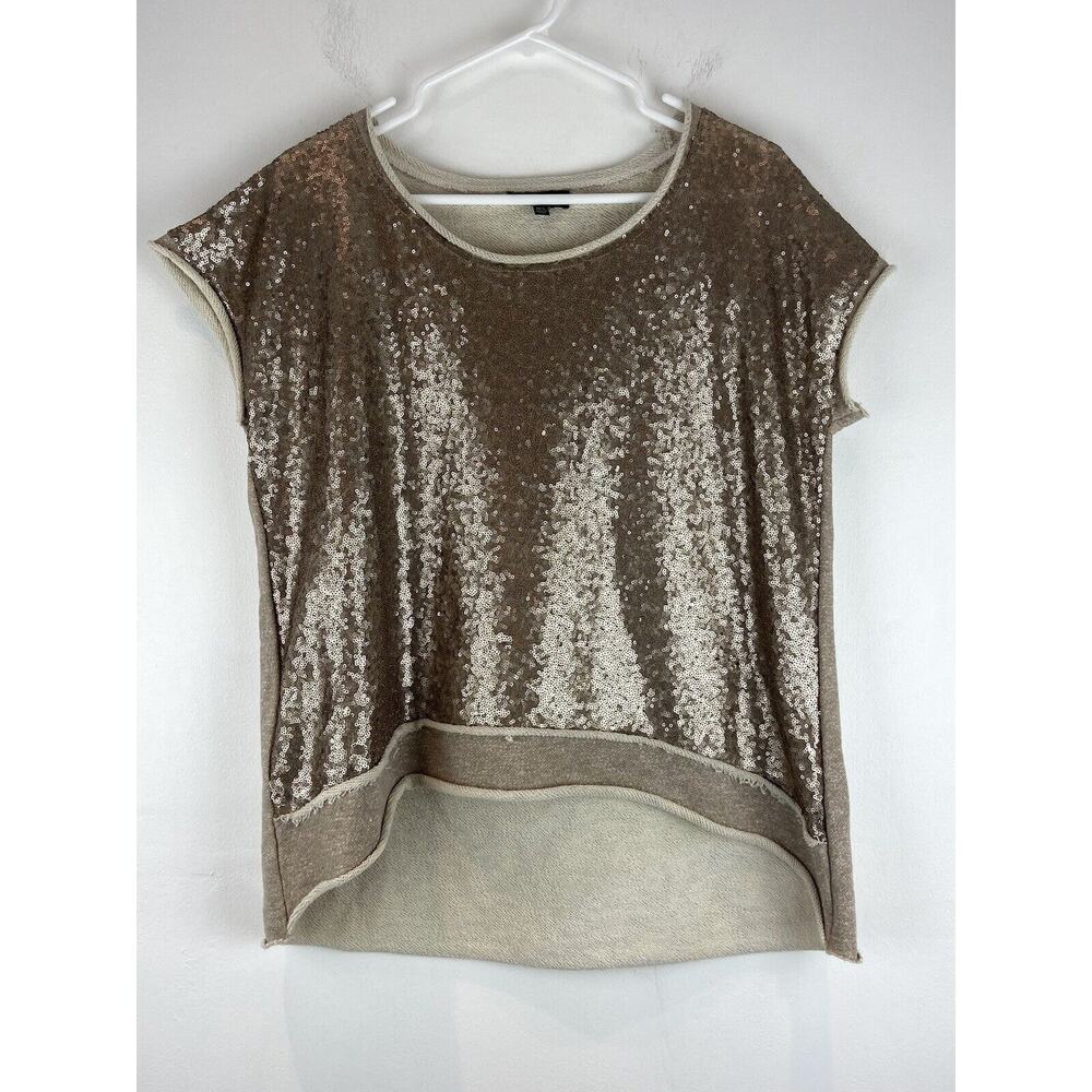 Seven Sisters Gold Sequined Sweatshirt Hi-Low Short Sleeve Top Size M/L (1090)
